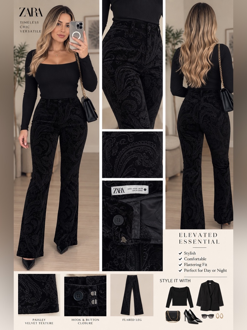 Zara Black Paisley Velvet Flare Pants